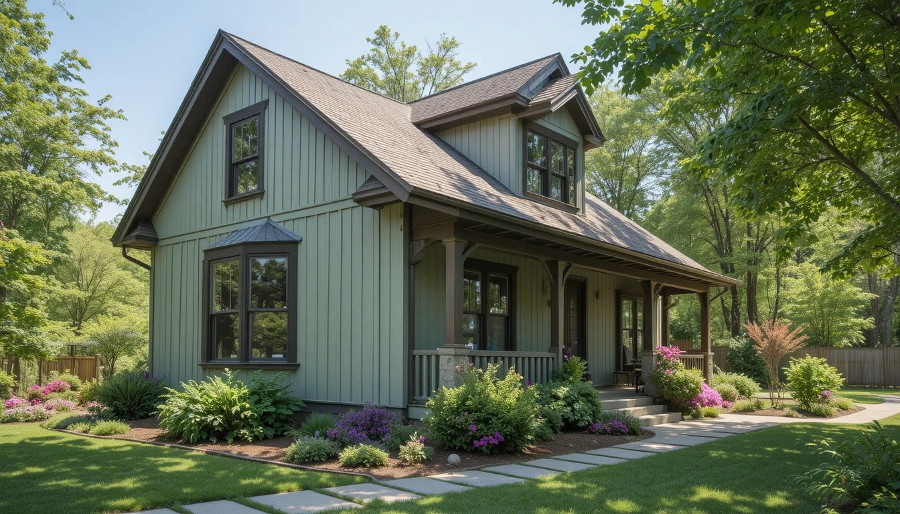 Sage Green House with Dark Brown Trim