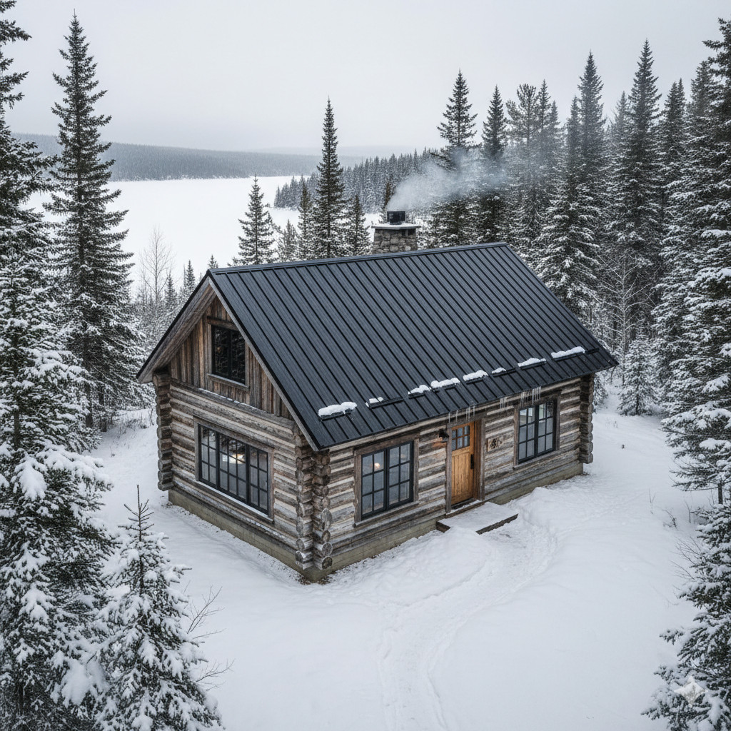 Log Cabin with Black Metal Roof