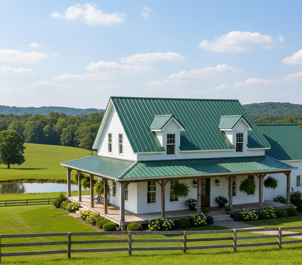 White Farmhouse with Green Metal Roof